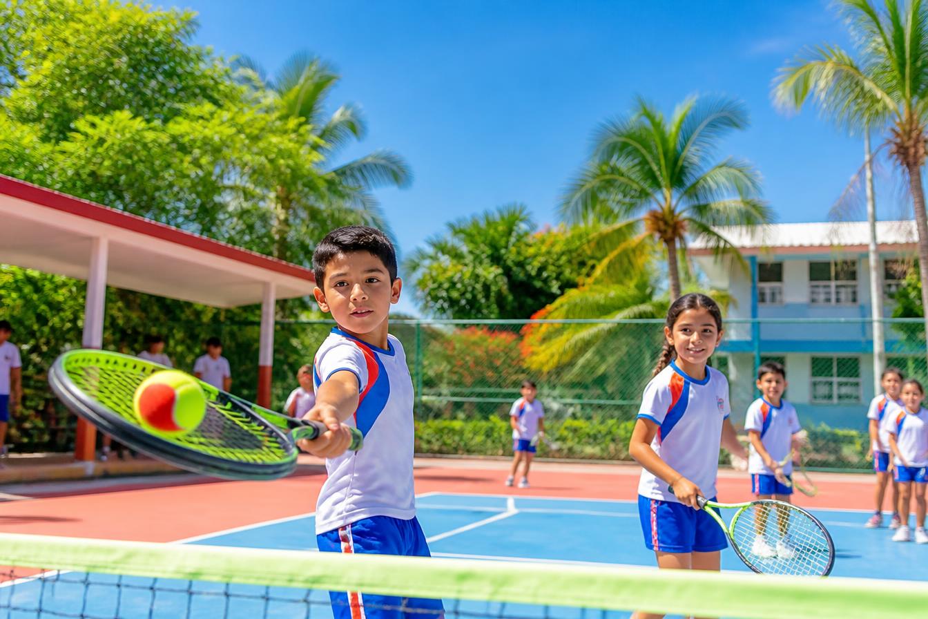 Niño jugando tenis en la cancha adaptada de su colegio